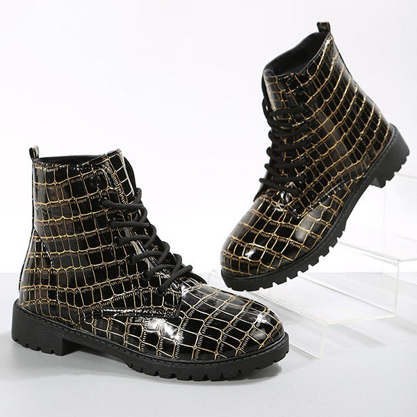 Grid Lace-Up Round Toe Thick Soled Martin Boots