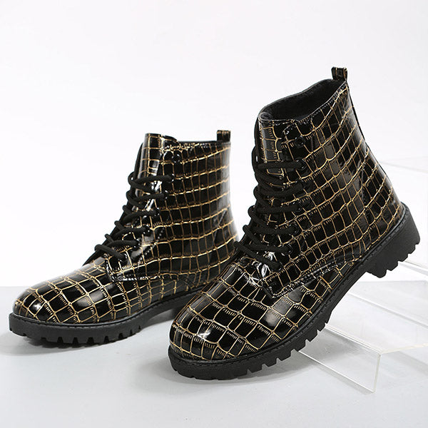 Grid Lace-Up Round Toe Thick Soled Martin Boots