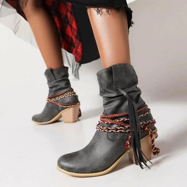 Braided Detail Tassel Decor Slouchy Boots