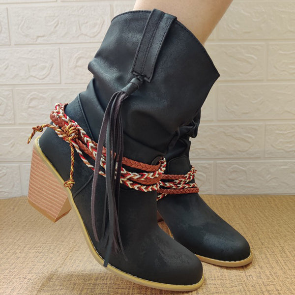 Braided Detail Tassel Decor Slouchy Boots