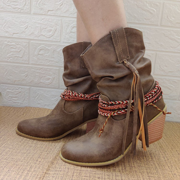 Braided Detail Tassel Decor Slouchy Boots