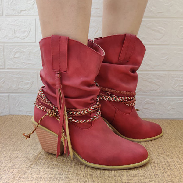 Braided Detail Tassel Decor Slouchy Boots