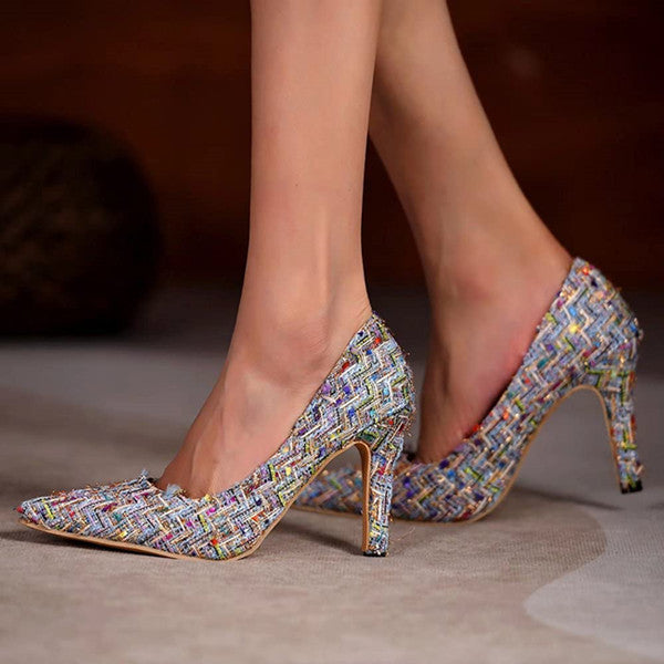 Multi-Color Pointed Toe Tweed High Stiletto Heels