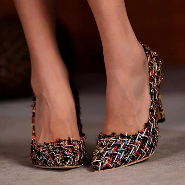 Multi-Color Pointed Toe Tweed High Stiletto Heels