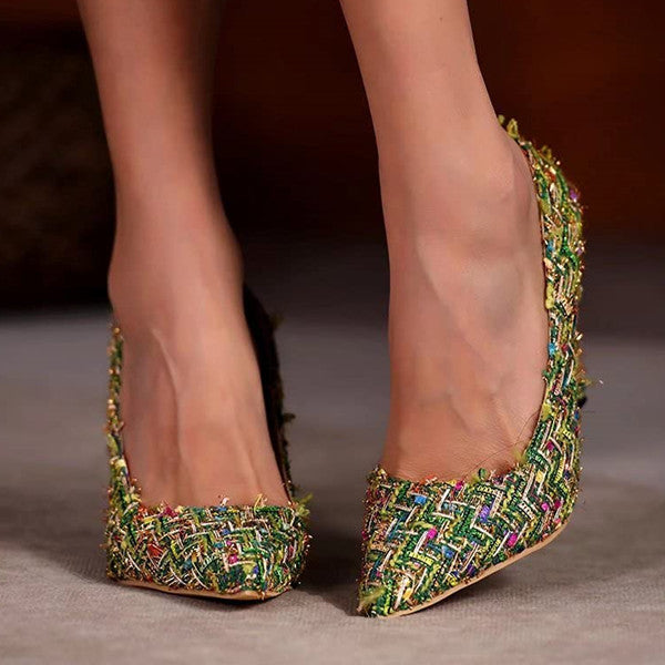 Multi-Color Pointed Toe Tweed High Stiletto Heels