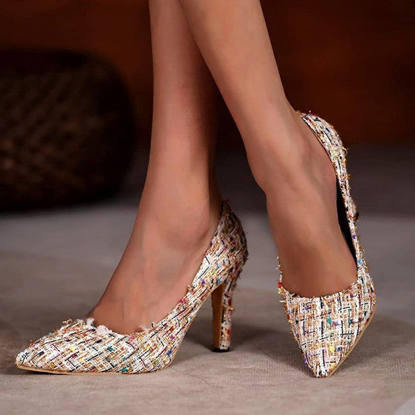 Multi-Color Pointed Toe Tweed High Stiletto Heels