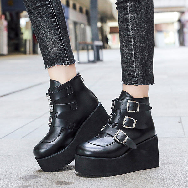 Casual Punk Platform Thick Heel Buckle Strap Boots