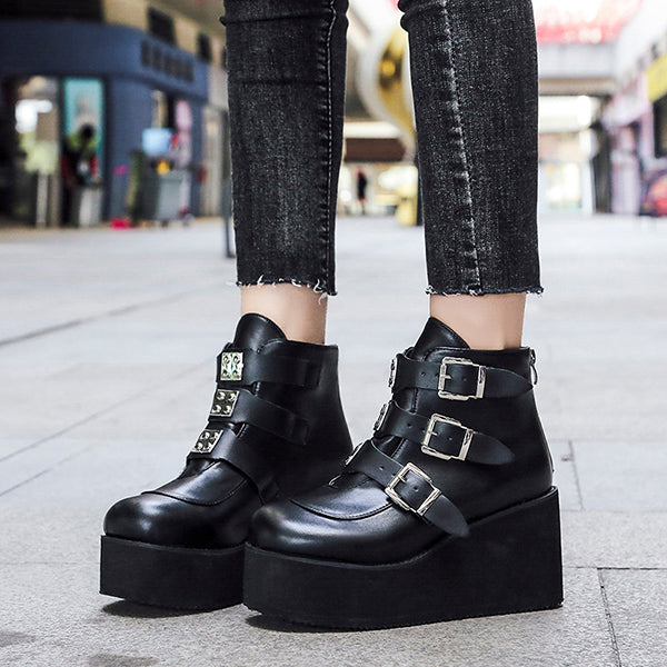 Casual Punk Platform Thick Heel Buckle Strap Boots