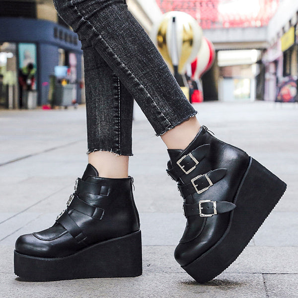 Casual Punk Platform Thick Heel Buckle Strap Boots