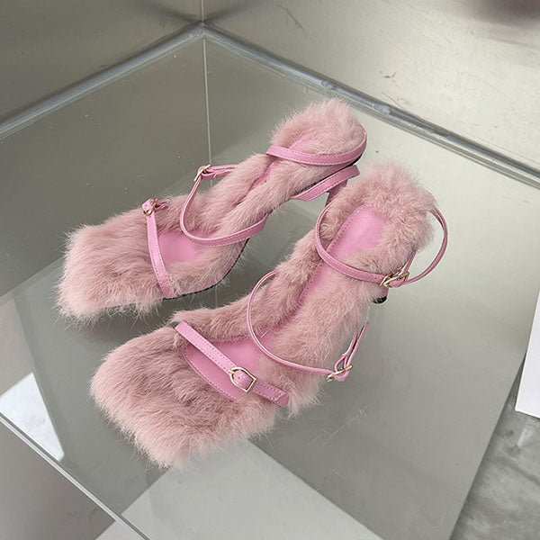 Fur Straps Buckle Stiletto Heeled Sandals