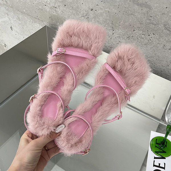 Fur Straps Buckle Stiletto Heeled Sandals