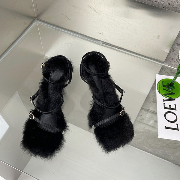 Fur Straps Buckle Stiletto Heeled Sandals