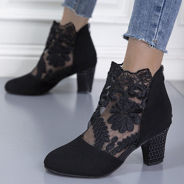 Applique Stitching Lace Zipper Floral Boots