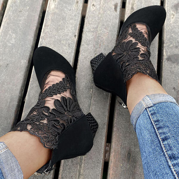 Applique Stitching Lace Zipper Floral Boots