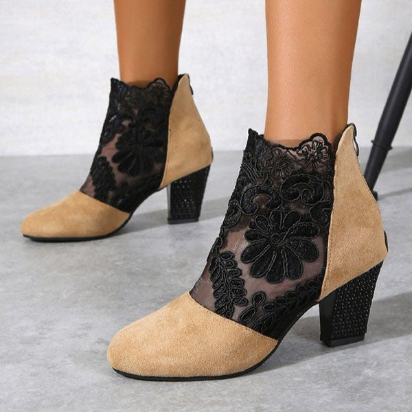 Applique Stitching Lace Zipper Floral Boots