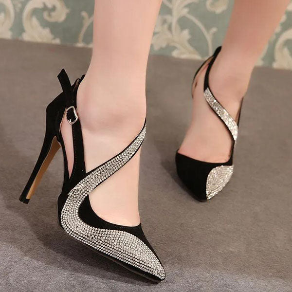 Glitter Strappy Rhinestone Pointed Toe High Heels