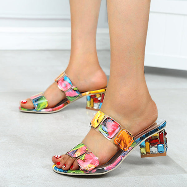 Multicolor Diamond Block Heel Slippers