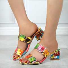 Multicolor Diamond Block Heel Slippers