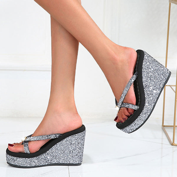 Bling Sequined Crystal Super High Heeled Flip Flops