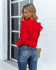 Yeva Cropped Button Down Ruffle Blouse - Red Oshnow