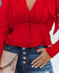 Yeva Cropped Button Down Ruffle Blouse - Red Oshnow