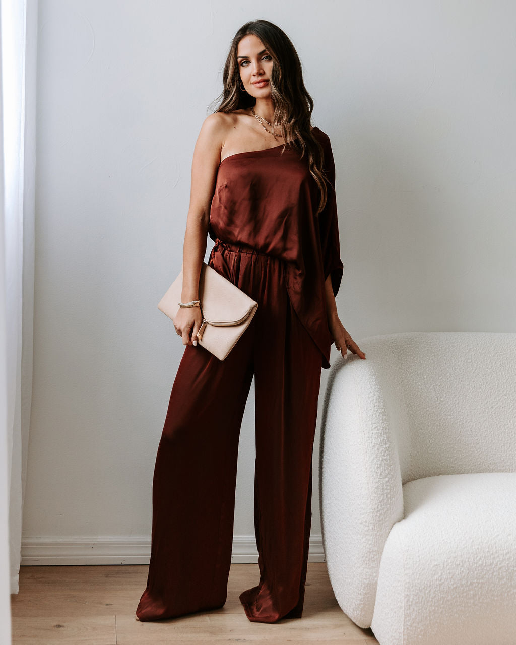 Yolanda Satin Pocketed One Shoulder Jumpsuit - Brown Oshnow