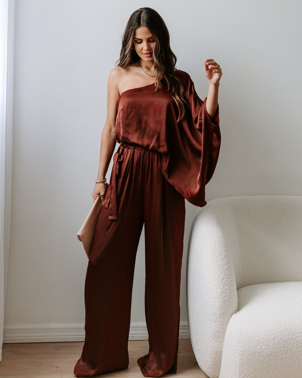 Yolanda Satin Pocketed One Shoulder Jumpsuit - Brown Oshnow