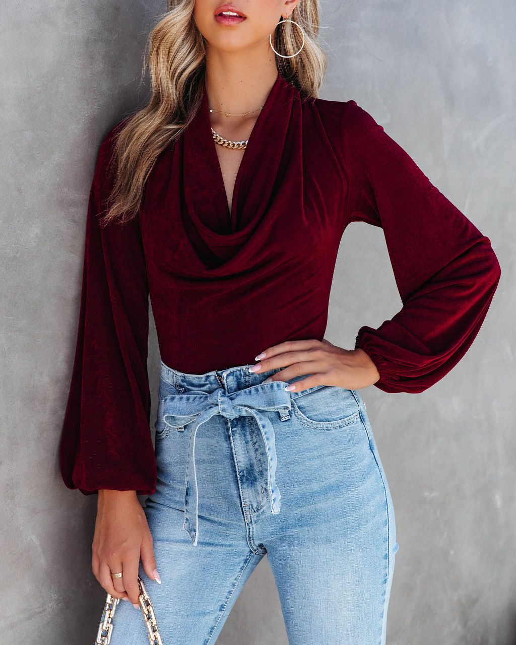 You Go Girl Cowl Neck Drape Bodysuit - Wine Oshnow