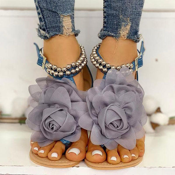 3D Flower String Beads Ankle Straps Flat Sandals