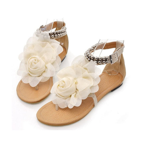 3D Flower String Beads Ankle Straps Flat Sandals