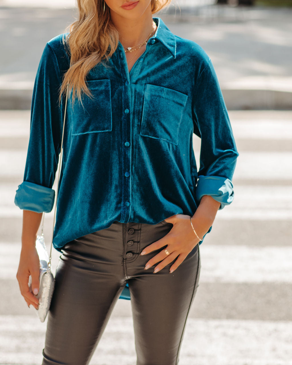 Zamora Pocketed Velvet Button Down Top - Teal Oshnow