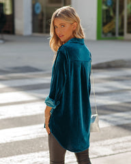 Zamora Pocketed Velvet Button Down Top - Teal Oshnow