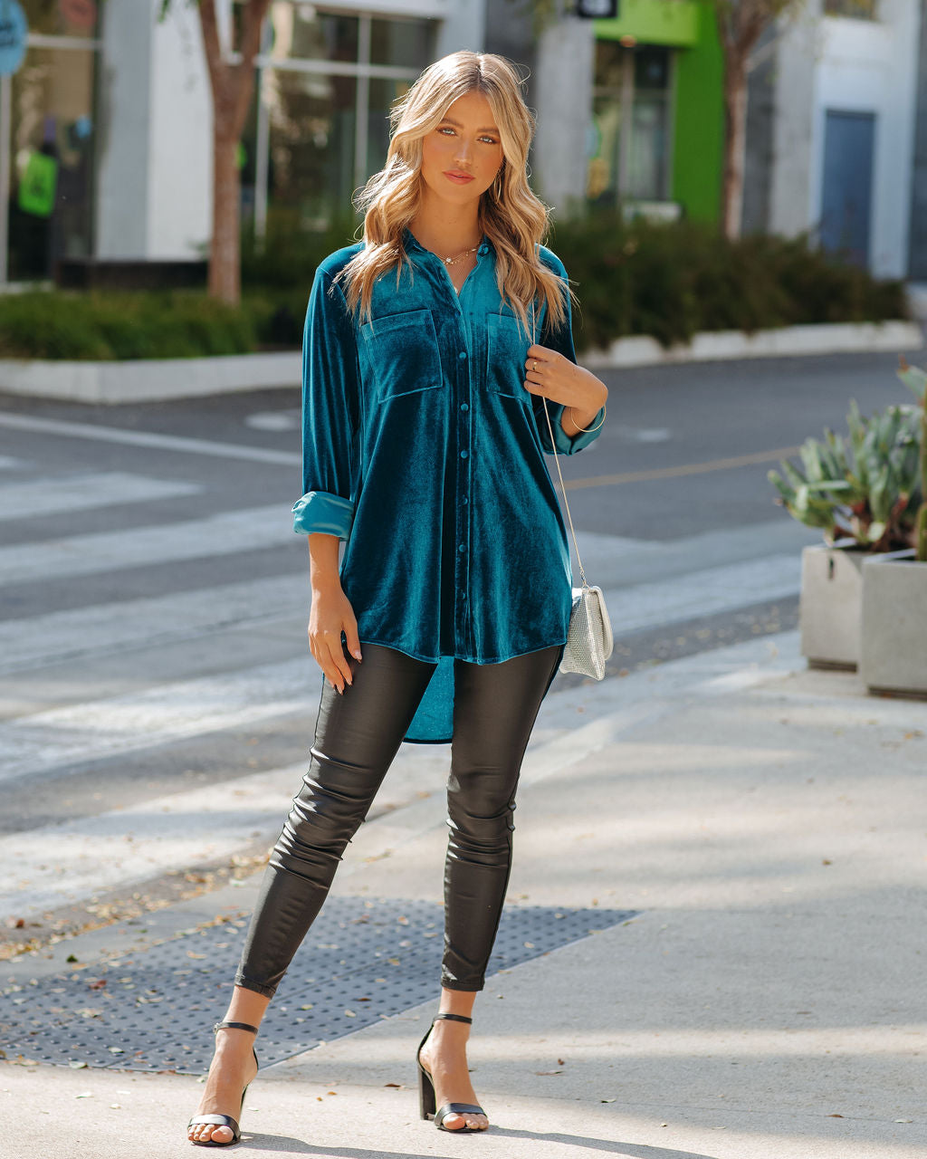 Zamora Pocketed Velvet Button Down Top - Teal Oshnow