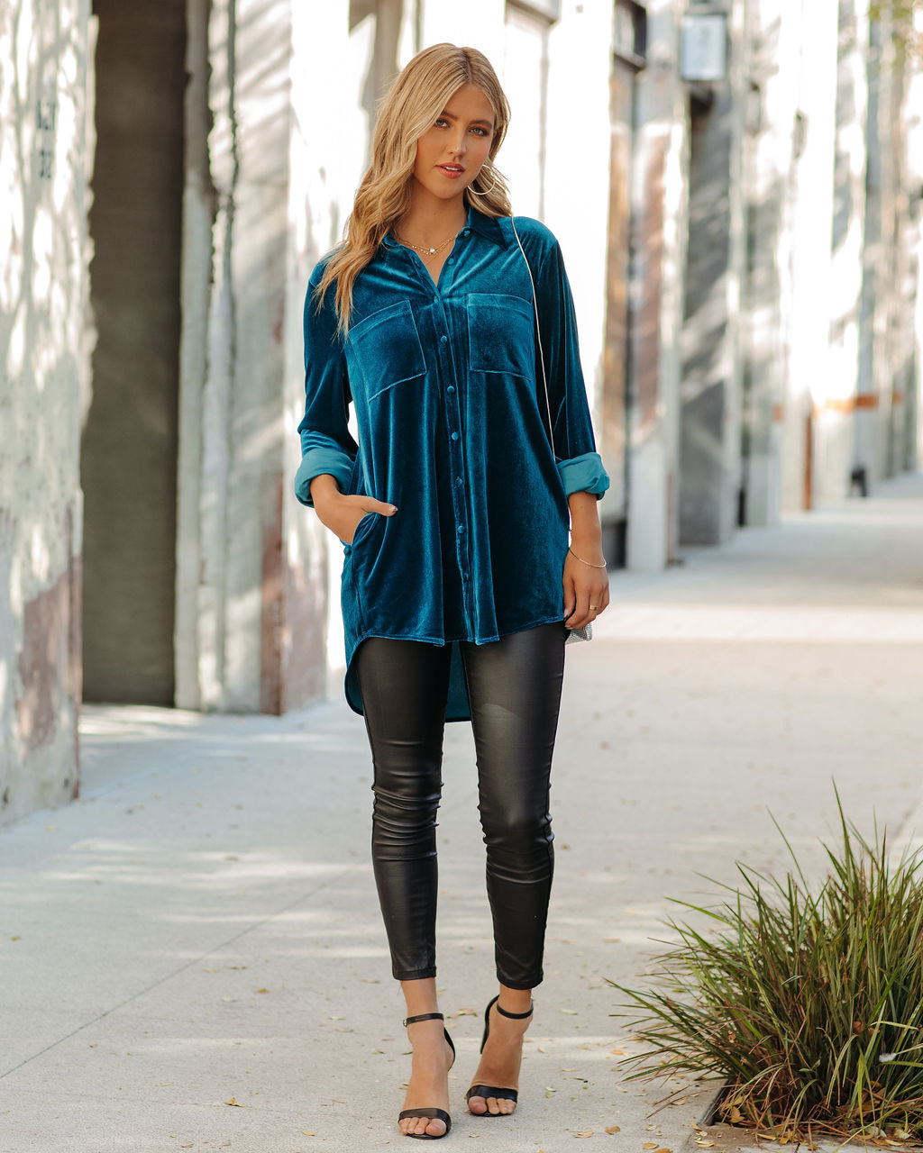 Zamora Pocketed Velvet Button Down Top - Teal Oshnow