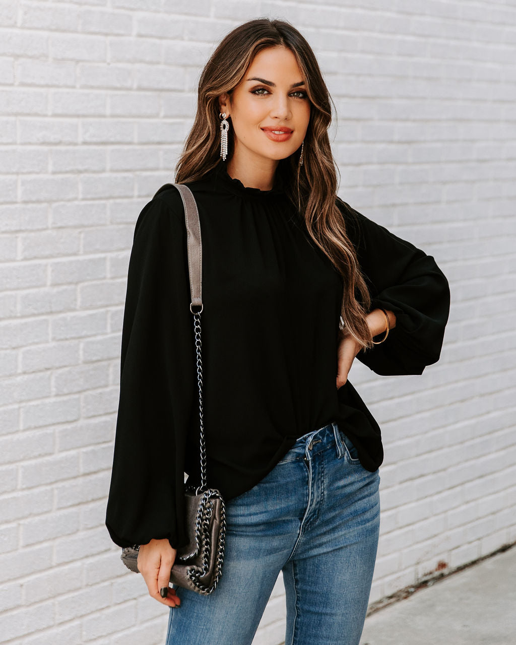 Zea Ruffle Mock Neck Blouse - Black Oshnow