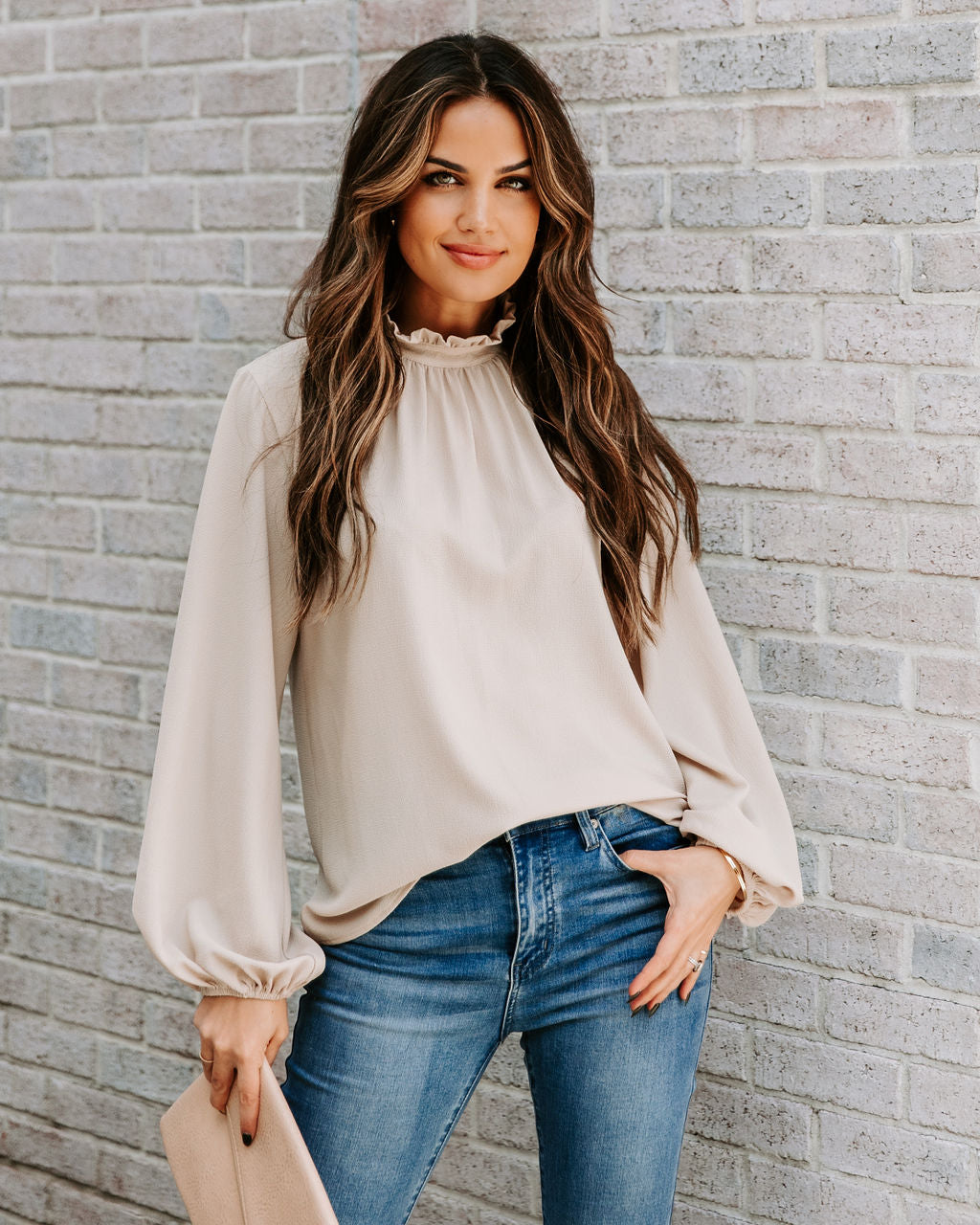 Zea Ruffle Mock Neck Blouse - Ecru Oshnow