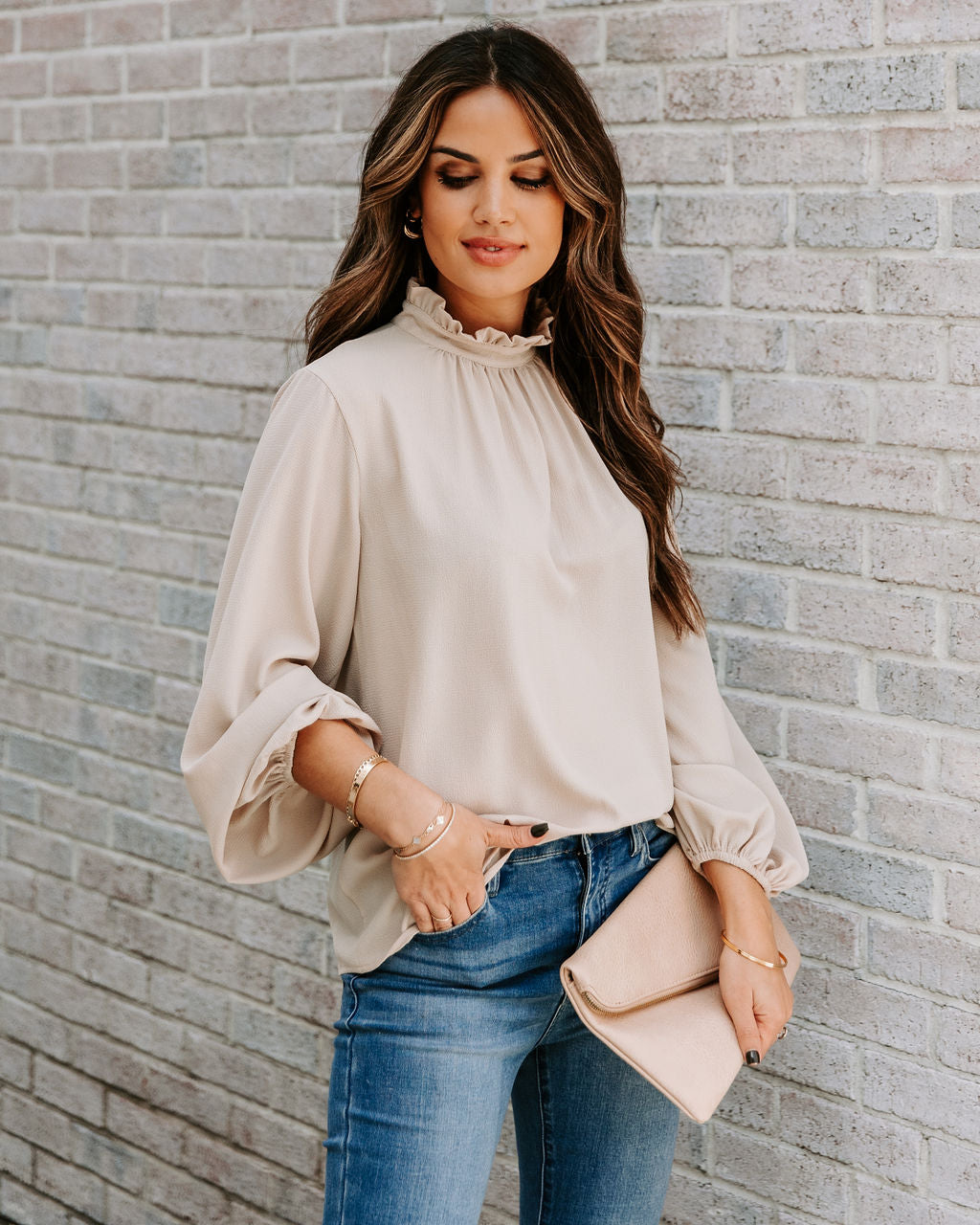 Zea Ruffle Mock Neck Blouse - Ecru Oshnow