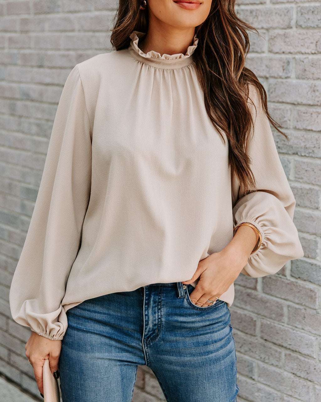 Zea Ruffle Mock Neck Blouse - Ecru Oshnow