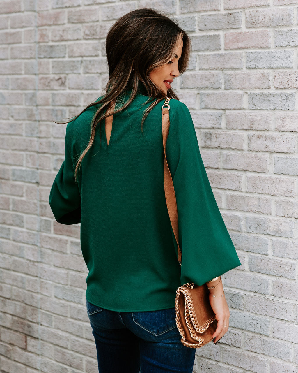 Zea Ruffle Mock Neck Blouse - Hunter Green Oshnow