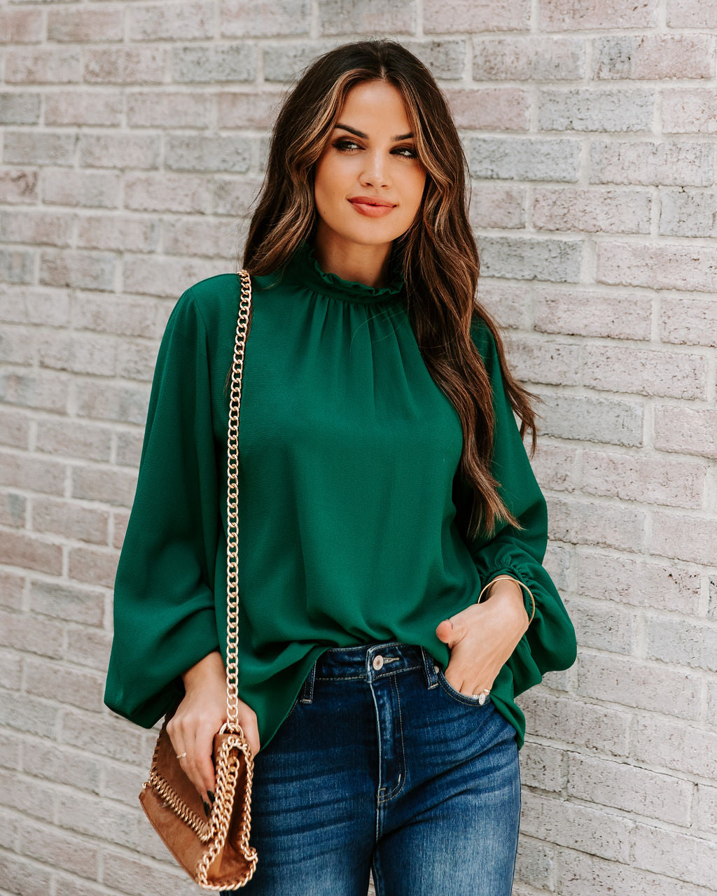 Zea Ruffle Mock Neck Blouse - Hunter Green Oshnow