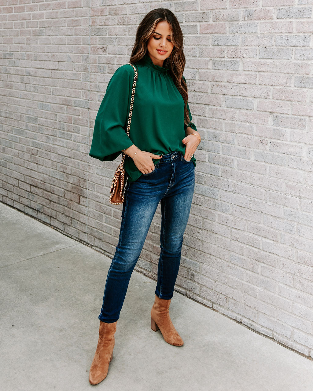 Zea Ruffle Mock Neck Blouse - Hunter Green Oshnow