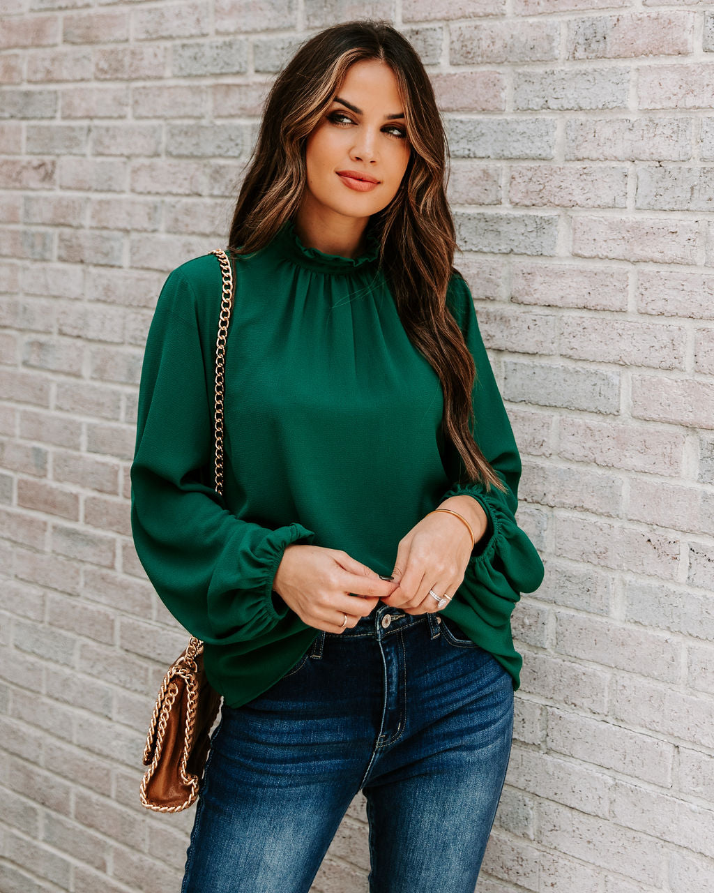 Zea Ruffle Mock Neck Blouse - Hunter Green Oshnow