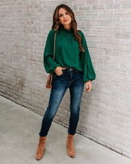 Zea Ruffle Mock Neck Blouse - Hunter Green Oshnow