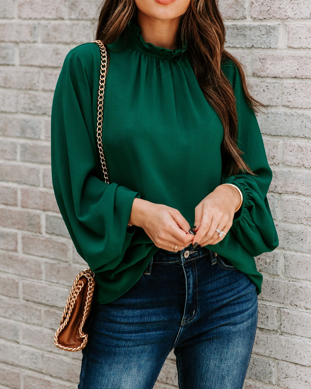 Zea Ruffle Mock Neck Blouse - Hunter Green Oshnow