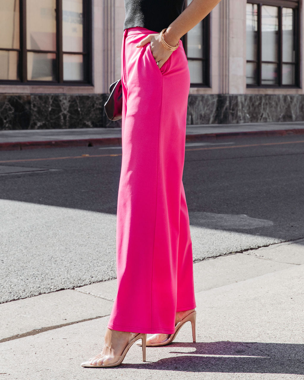 Zoey Pocketed Wide Leg Pants - Hot Pink Oshnow