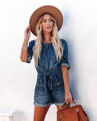 Aeron Cotton Pocketed Chambray Romper - Dark Denim