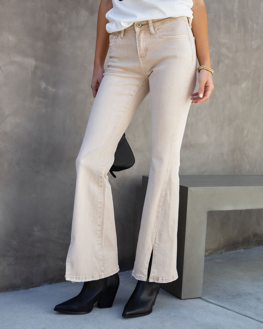 Alison Mid Rise Split Hem Flare Jeans - Sand