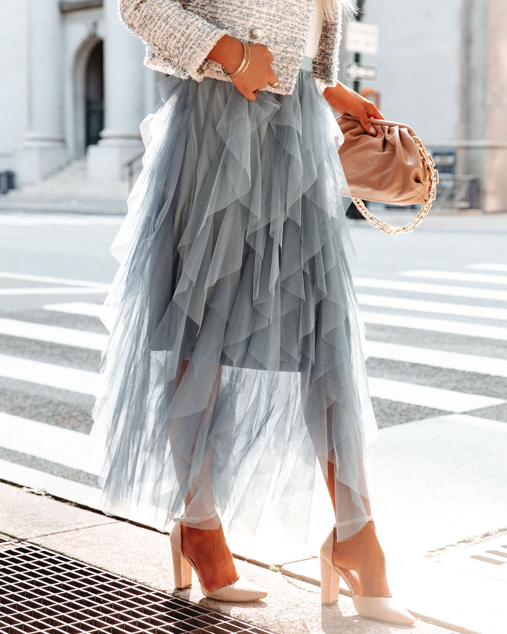 Allegro Ruffle Tulle Midi Skirt - Grey Blue