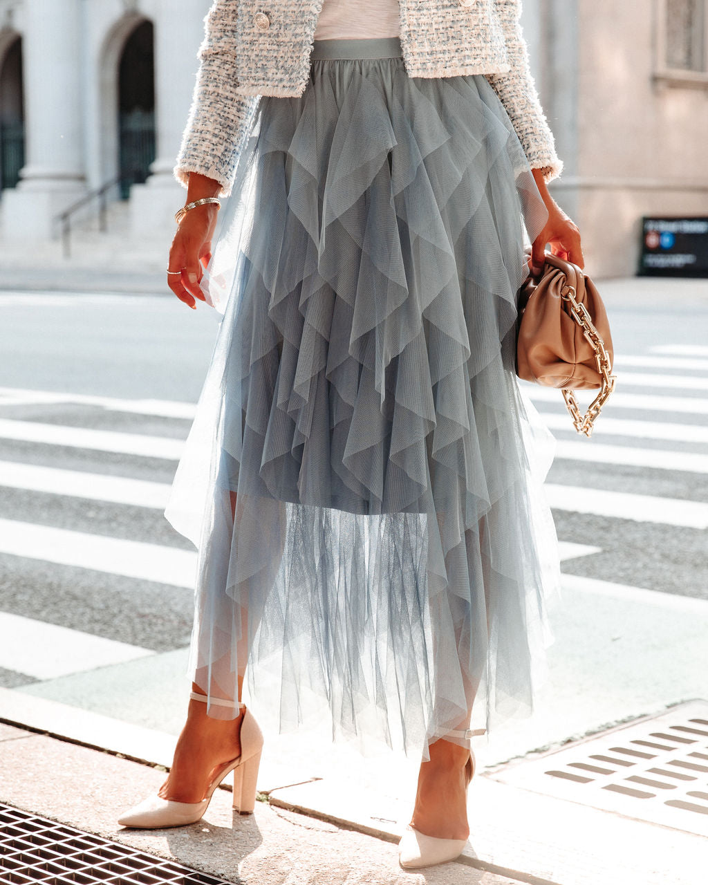 Allegro Ruffle Tulle Midi Skirt - Grey Blue