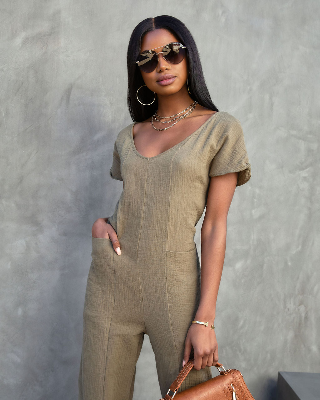 Amalia Cotton Pocketed Jumpsuit - Olive